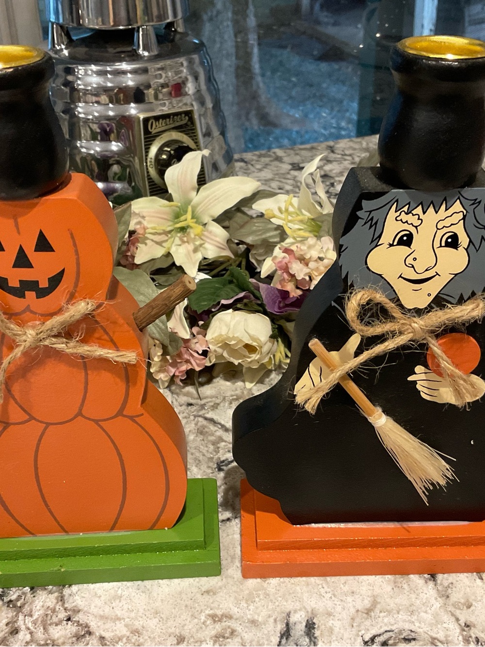 BP-Hand-Painted Halloween Pumpkin & Witch Candle Holders - Orange, Black